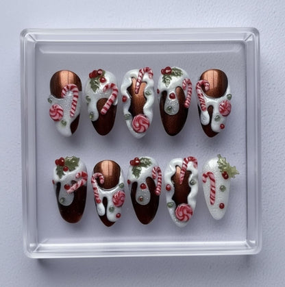Christmas Candy Drip press-on Nails; 3D Candy Cane and Peppermint Nail Art.