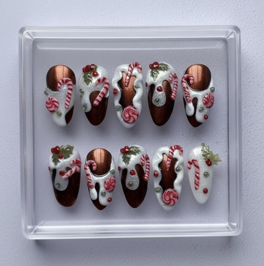 Christmas Candy Drip press-on Nails; 3D Candy Cane and Peppermint Nail Art.