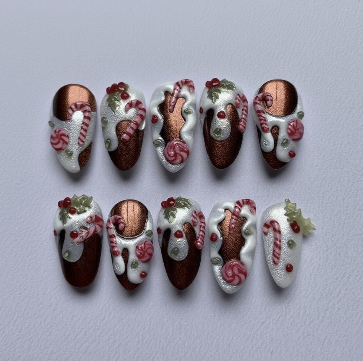 Christmas Candy Drip press-on Nails; 3D Candy Cane and Peppermint Nail Art.