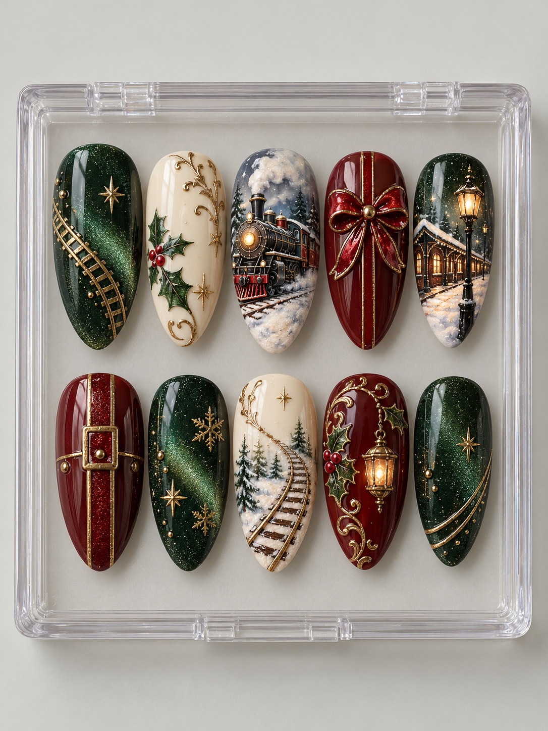 Ten emerald, burgundy and ivory Christmas press-on nails with steam train, snowy station, railway tracks, lantern, ribbon and holly.