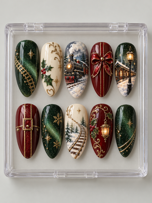 Ten emerald, burgundy and ivory Christmas press-on nails with steam train, snowy station, railway tracks, lantern, ribbon and holly.