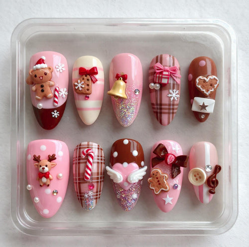 Christmas Gingerbread press-on Nails; Pink and Brown Candy Nails.