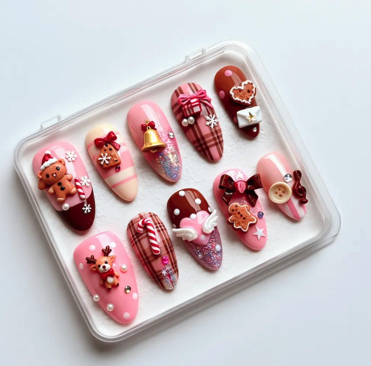 Christmas Gingerbread press-on Nails; Pink and Brown Candy Nails.