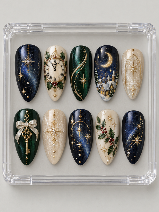Ten navy, emerald and ivory Christmas press-on nails with antique clock, snowy moonlit village, ribbon-tied key, holly, stars and gold-colour window tracery.