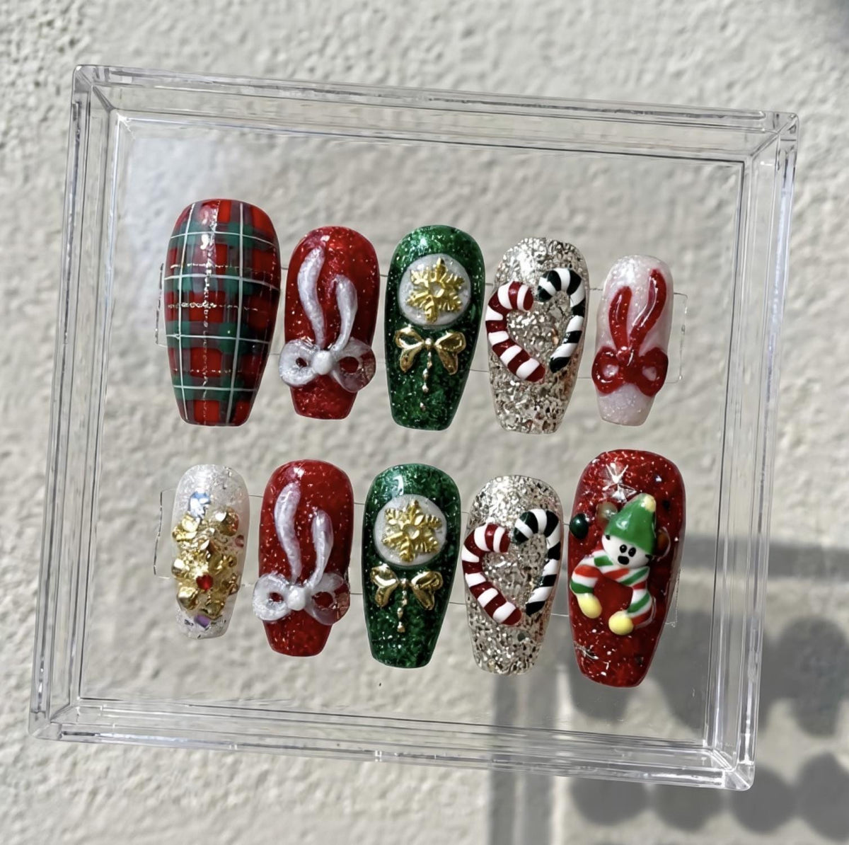 Christmas Plaid And Candy Cane press-on Nails; Red Green Holiday Nail Set.