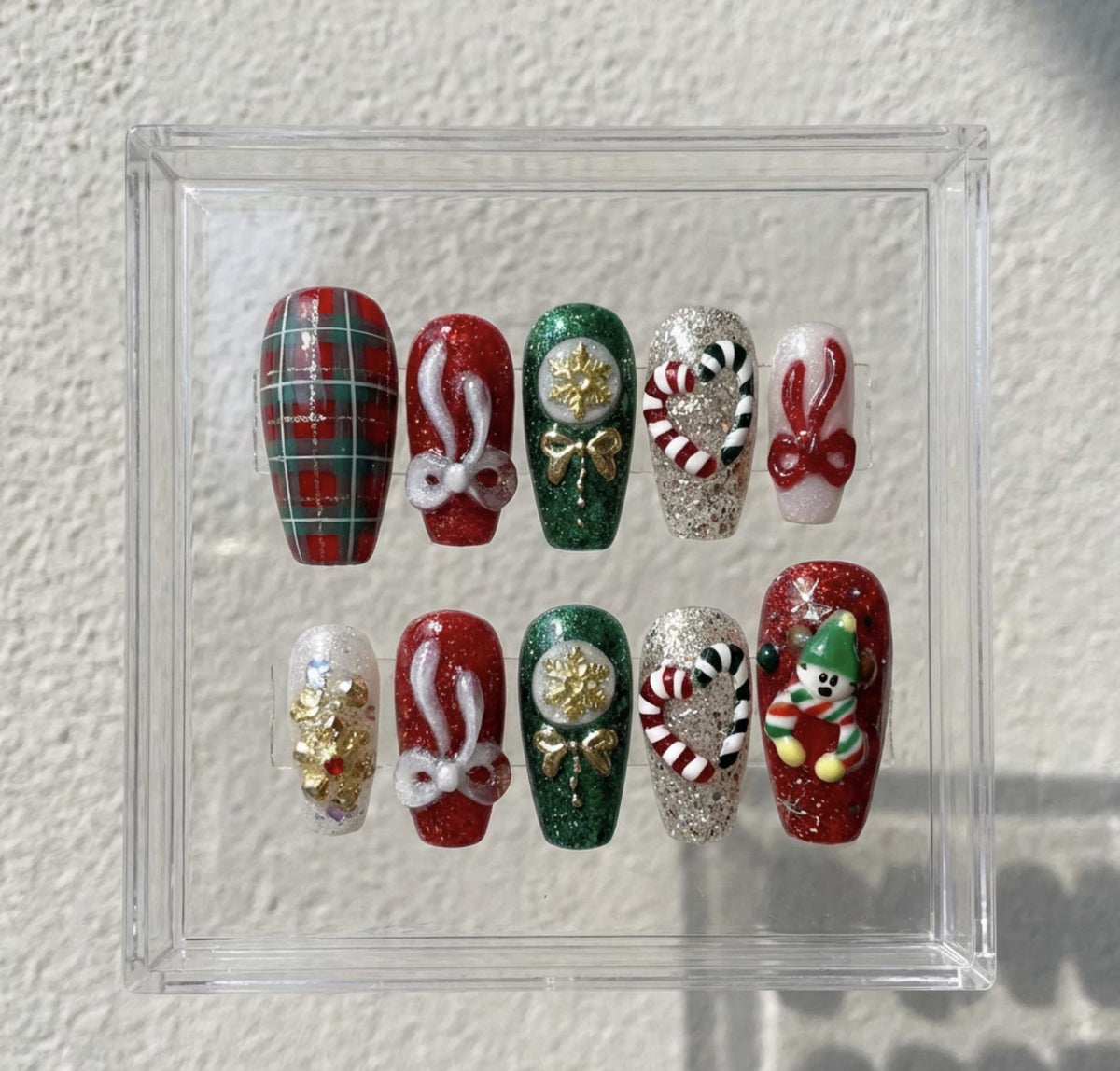 Christmas Plaid And Candy Cane press-on Nails; Red Green Holiday Nail Set.