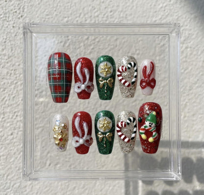 Christmas Plaid And Candy Cane press-on Nails; Red Green Holiday Nail Set.