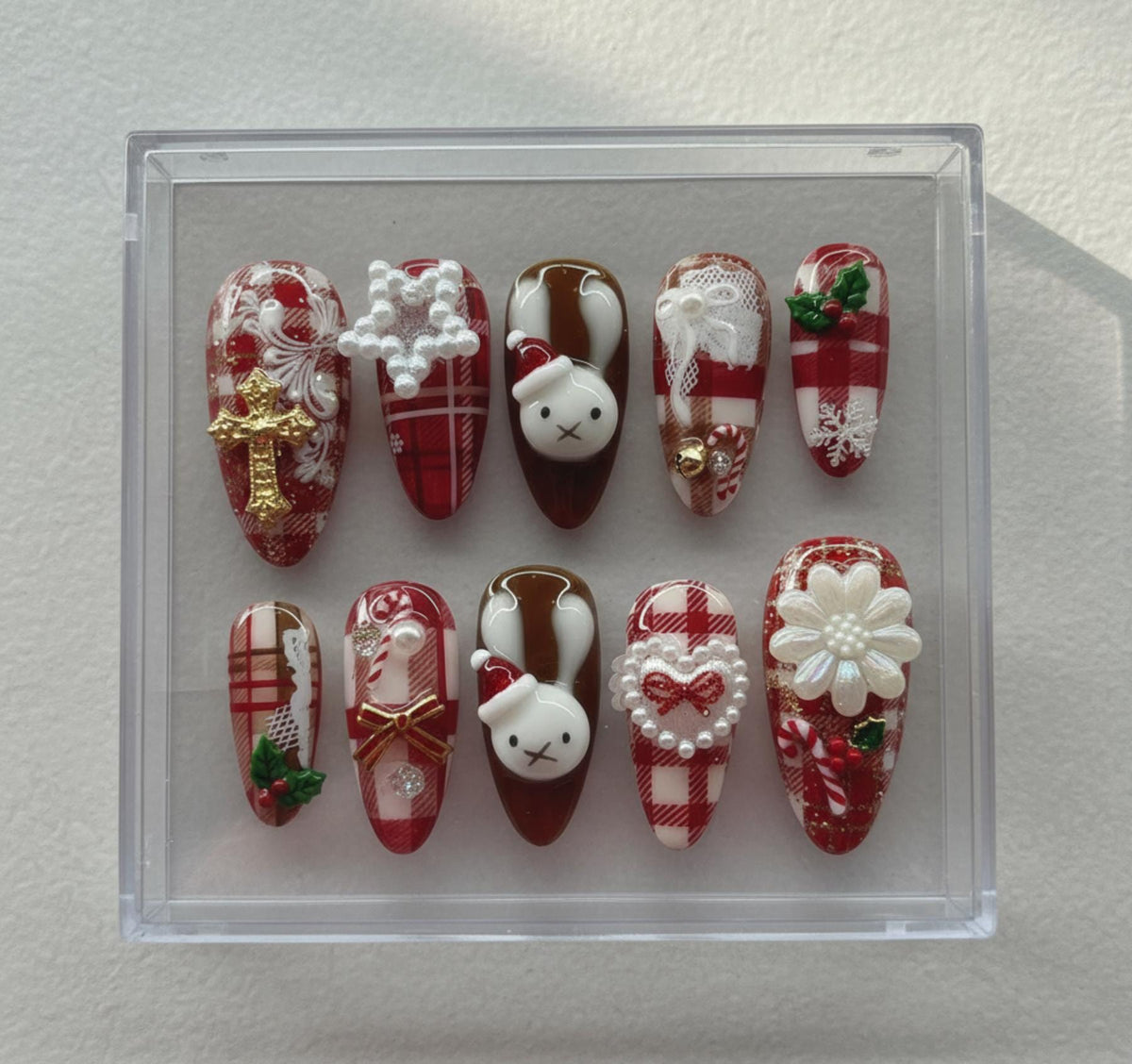 Christmas Plaid press-on Nails; Bunny and Pearls.