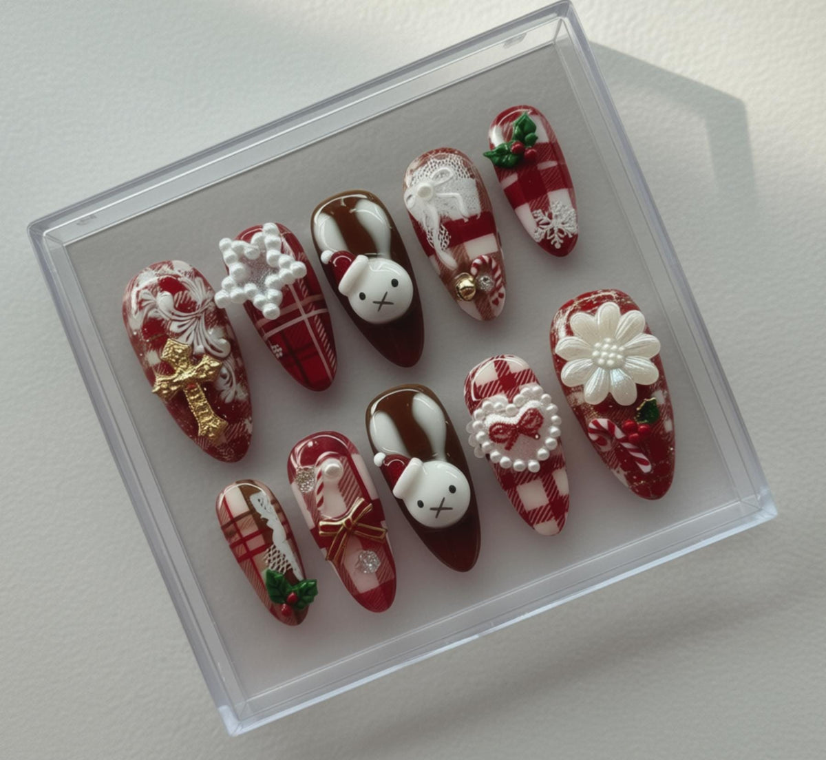 Christmas Plaid press-on Nails; Bunny and Pearls.