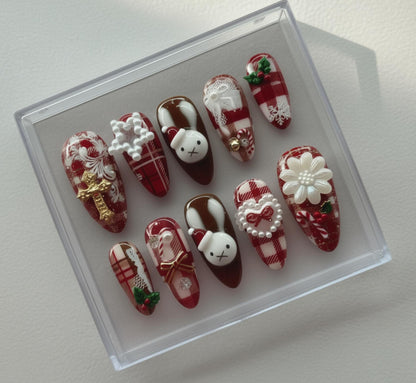 Christmas Plaid press-on Nails; Bunny and Pearls.