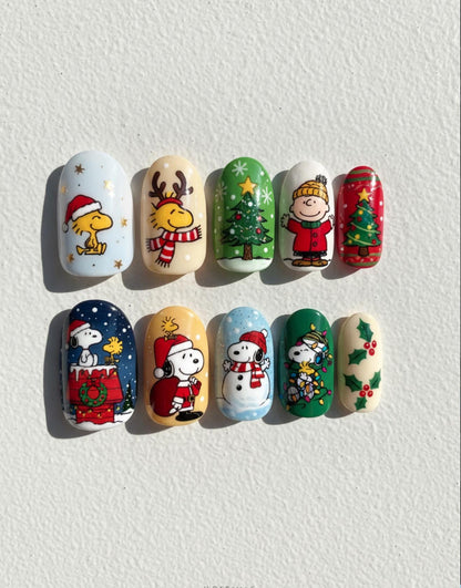Christmas Snoopy press-on Nails; Handmade Holiday Nail Art Set, Cute Cartoon False Nails, Xmas Gift for Her.