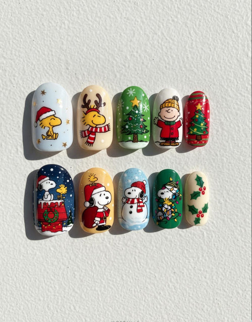 Christmas Snoopy press-on Nails; Handmade Holiday Nail Art Set, Cute Cartoon False Nails, Xmas Gift for Her.