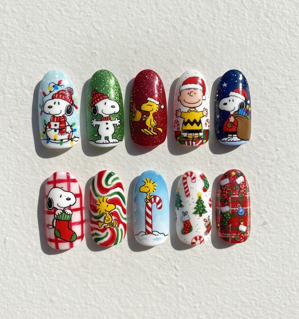 Christmas Snoopy press-on Nails: Holiday Nail Art.