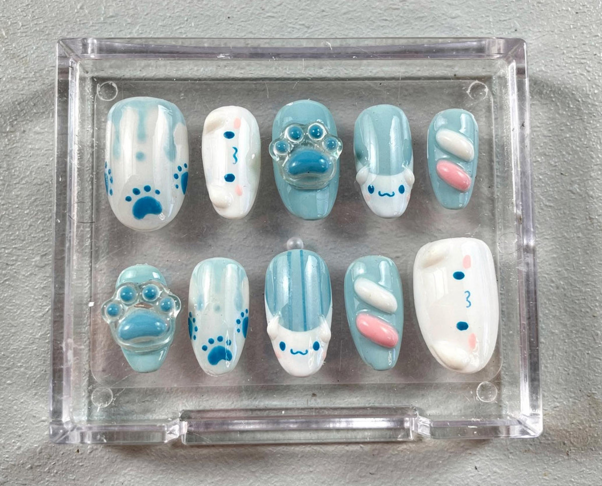 Cinnamoroll Inspired press-on Nails; Kawaii Blue Bunny Nails.