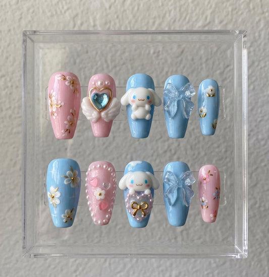 Cinnamoroll Inspired press-on Nails; Pastel Pink Blue Nails.