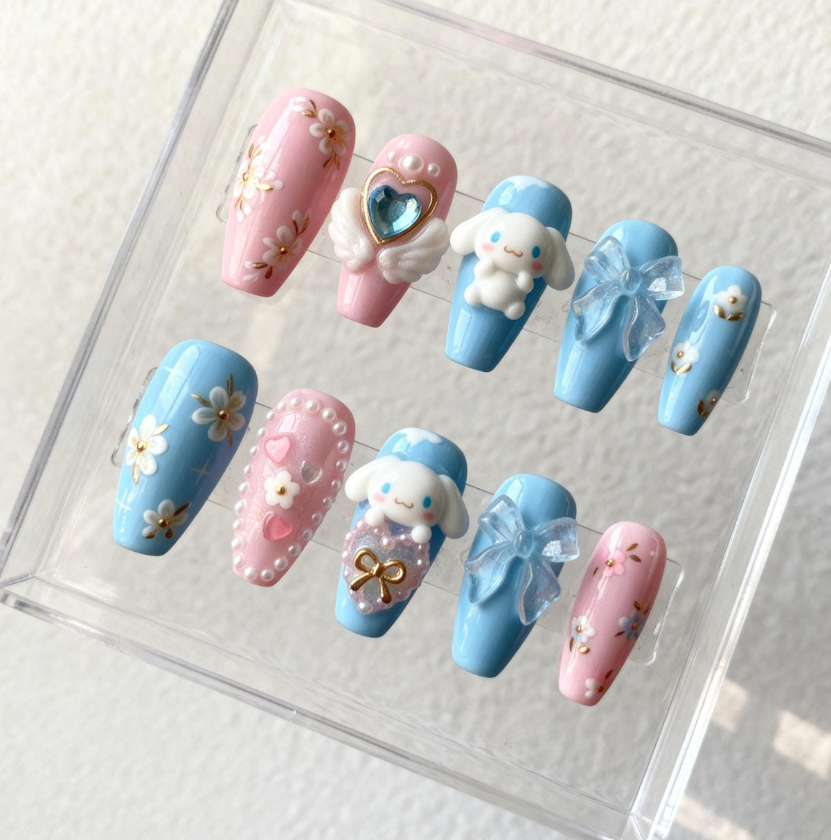 Cinnamoroll Inspired press-on Nails; Pastel Pink Blue Nails.