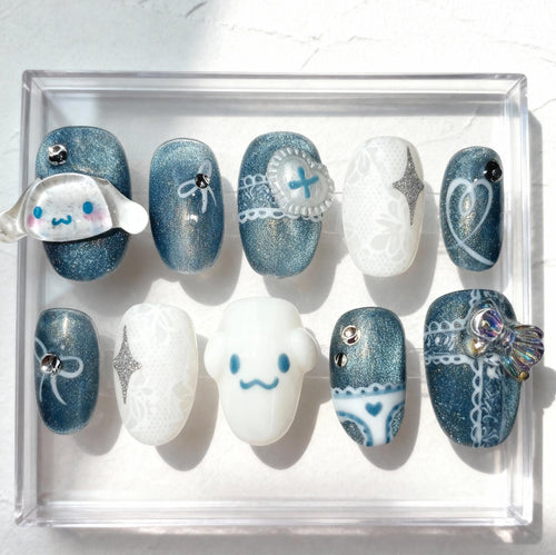 Cinnamoroll Nail Art, Handmade Kawaii Blue White 3D press-on Nails, Sanrio Inspired Nail Set, Cute Character Nails, Custom Sparkly Nail Tips.