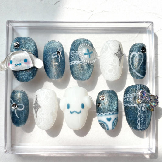 Cinnamoroll Nail Art, Handmade Kawaii Blue White 3D press-on Nails, Sanrio Inspired Nail Set, Cute Character Nails, Custom Sparkly Nail Tips.