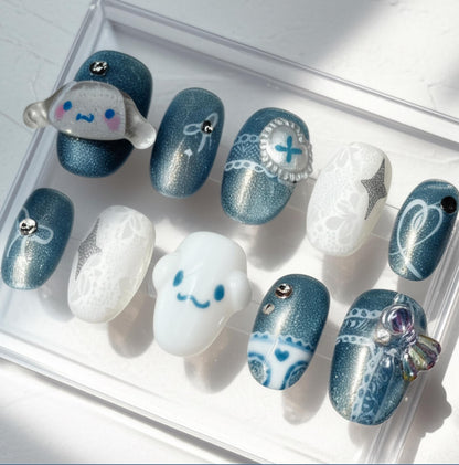 Cinnamoroll Nail Art, Handmade Kawaii Blue White 3D press-on Nails, Sanrio Inspired Nail Set, Cute Character Nails, Custom Sparkly Nail Tips.