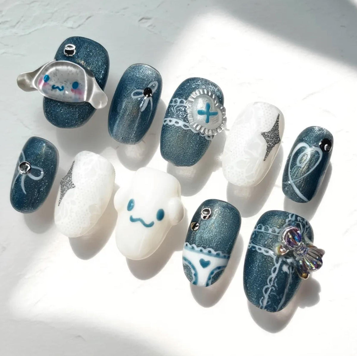 Cinnamoroll Nail Art, Handmade Kawaii Blue White 3D press-on Nails, Sanrio Inspired Nail Set, Cute Character Nails, Custom Sparkly Nail Tips.