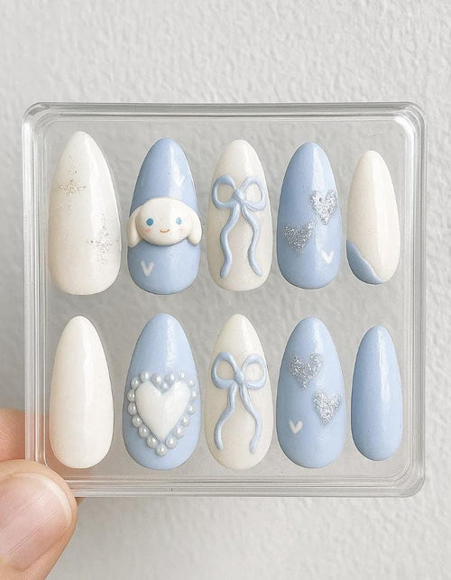 Cinnamoroll Nails; Kawaii Blue press-on Nails with 3D Character, Bow and Heart, Sanrio Inspired Cute Coquette Fake Nails.