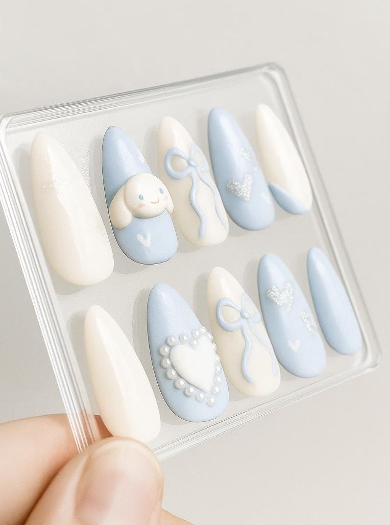 Cinnamoroll Nails; Kawaii Blue press-on Nails with 3D Character, Bow and Heart, Sanrio Inspired Cute Coquette Fake Nails.