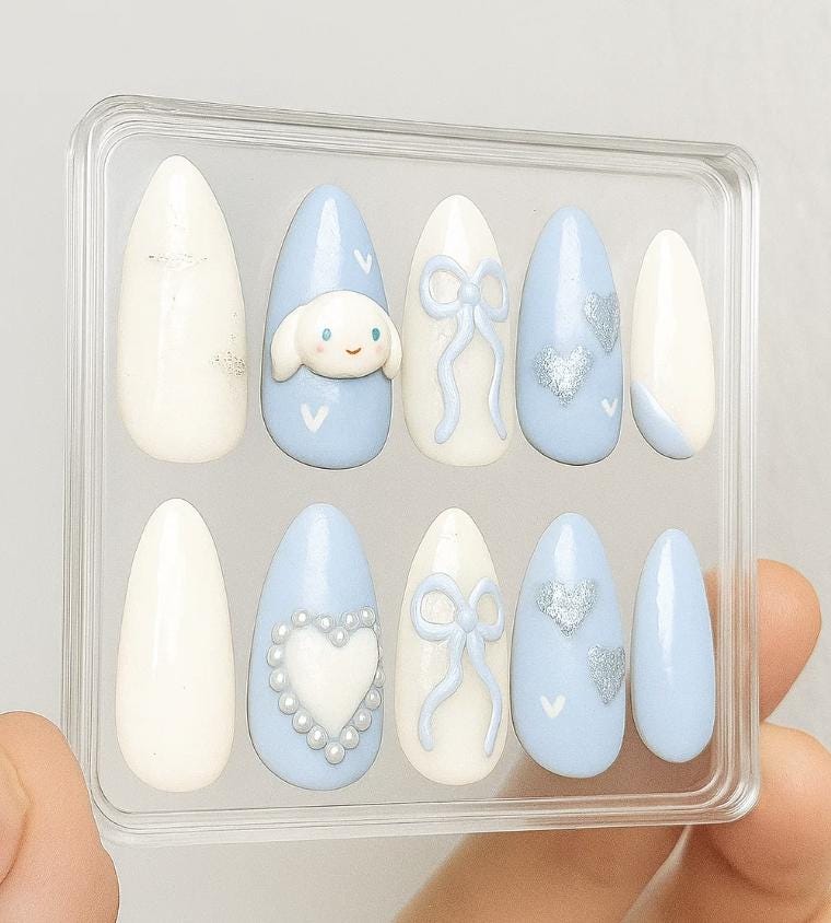 Cinnamoroll Nails; Kawaii Blue press-on Nails with 3D Character, Bow and Heart, Sanrio Inspired Cute Coquette Fake Nails.