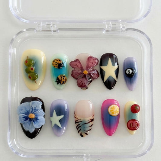 Colorful Y2K press-on Nails, Star Flower Fruit Nails, 3D Mixed Design Nails, Trendy Gradient Nails, Handmade Almond Nails.