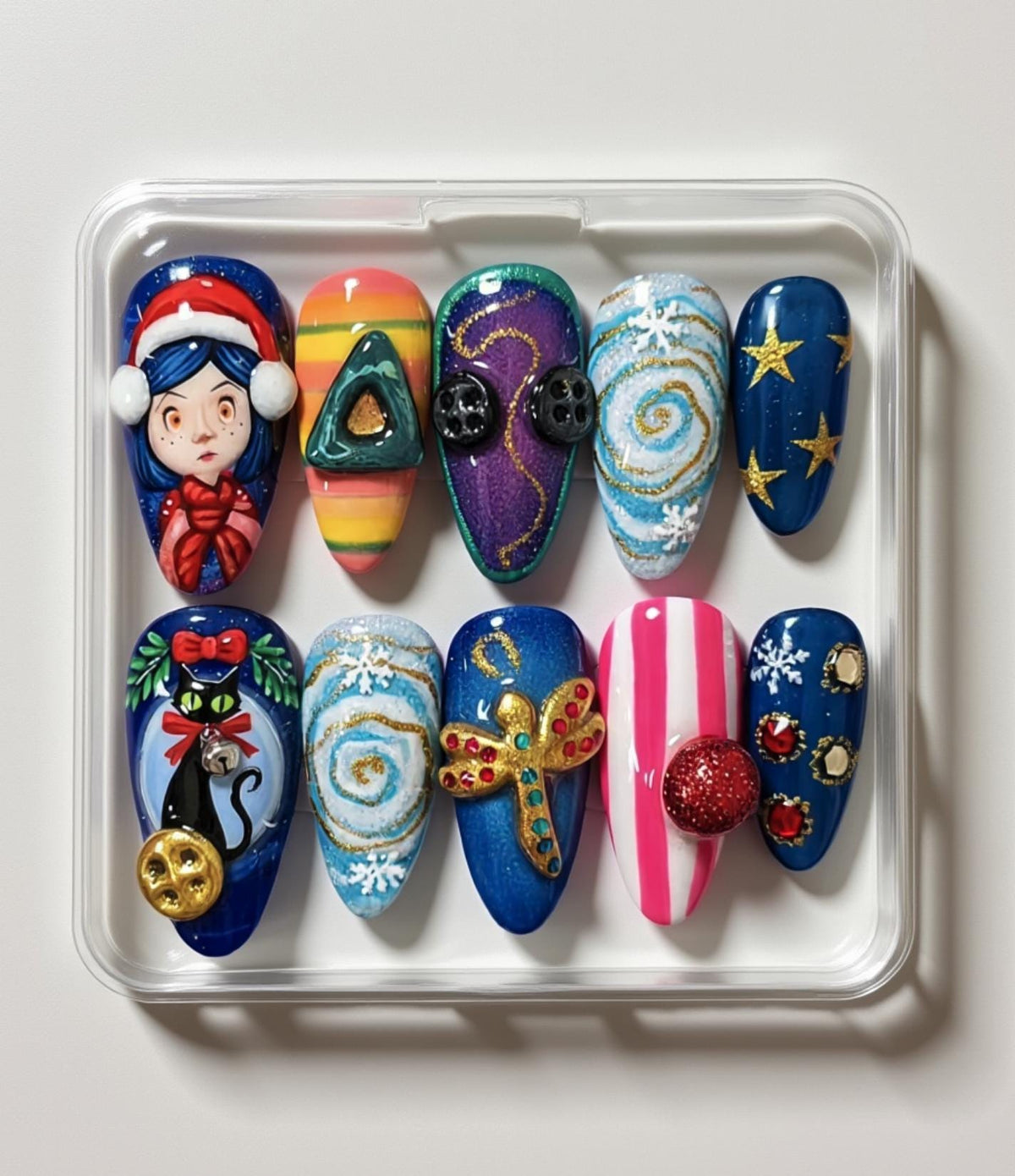Coraline Inspired Christmas press-on Nails; Button Eyes, Black Cat, Gold Dragonfly, Handmade Fantasy Nail Art, Gift for Her.
