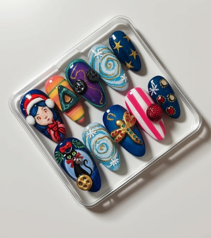 Coraline Inspired Christmas press-on Nails; Button Eyes, Black Cat, Gold Dragonfly, Handmade Fantasy Nail Art, Gift for Her.