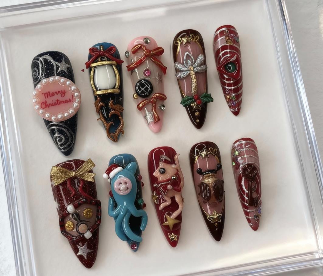 Coraline Inspired Christmas press-on Nails; Creepy Cute 3D Nails, Beldam Button Eye, Doll, Lantern, Handmade Nail Art, Gift for Her.