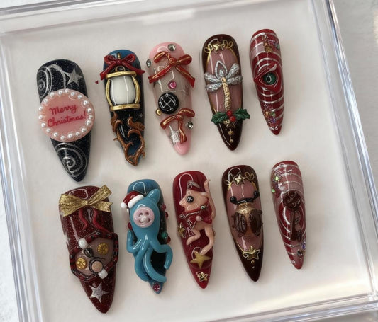 Coraline Inspired Christmas press-on Nails; Creepy Cute 3D Nails, Beldam Button Eye, Doll, Lantern, Handmade Nail Art, Gift for Her.