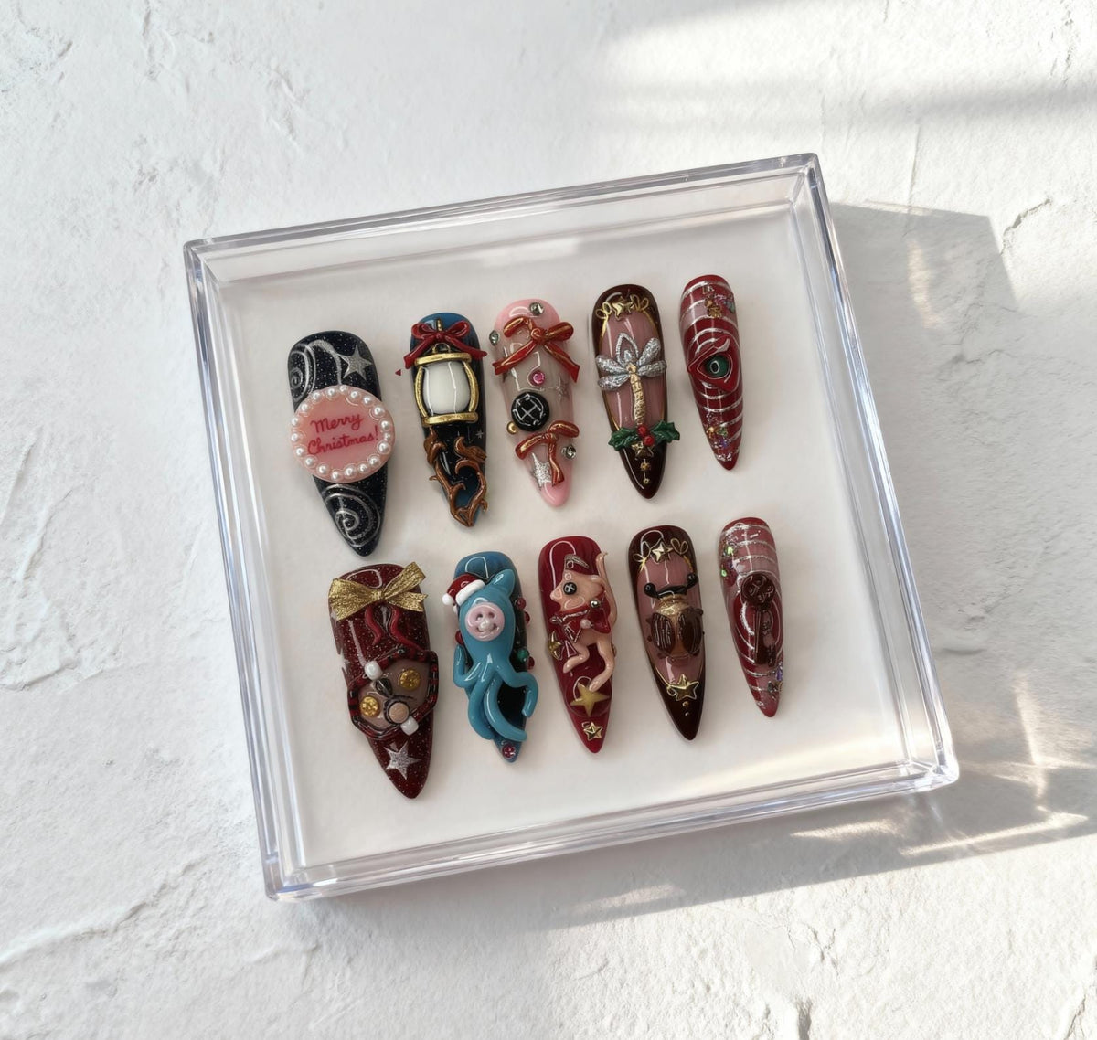 Coraline Inspired Christmas press-on Nails; Creepy Cute 3D Nails, Beldam Button Eye, Doll, Lantern, Handmade Nail Art, Gift for Her.