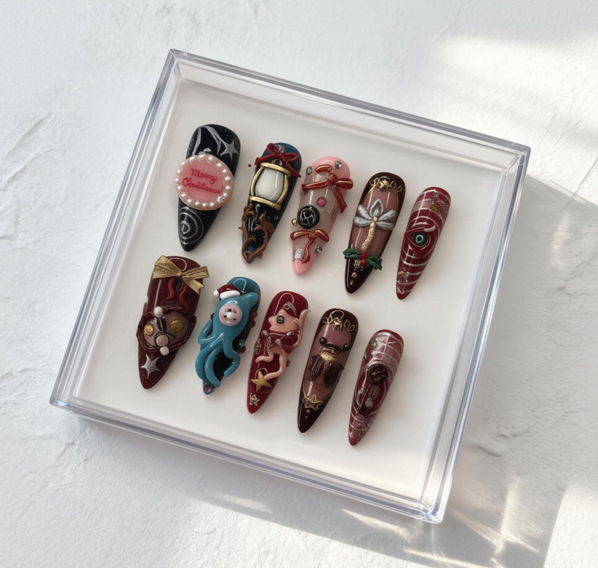 Coraline Inspired Christmas press-on Nails; Creepy Cute 3D Nails, Beldam Button Eye, Doll, Lantern, Handmade Nail Art, Gift for Her.