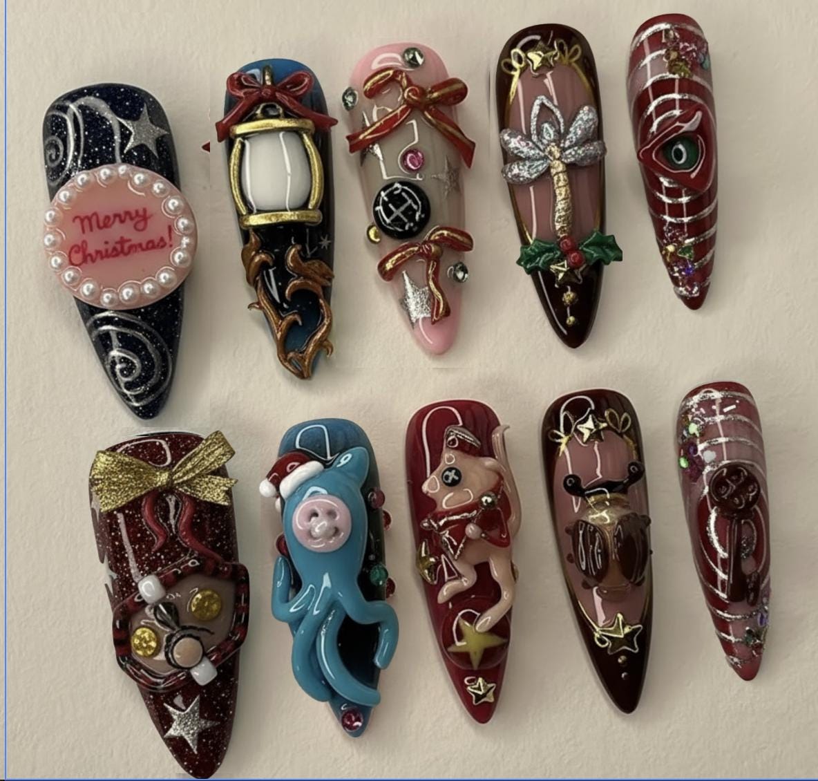Coraline Inspired Christmas press-on Nails; Creepy Cute 3D Nails, Beldam Button Eye, Doll, Lantern, Handmade Nail Art, Gift for Her.