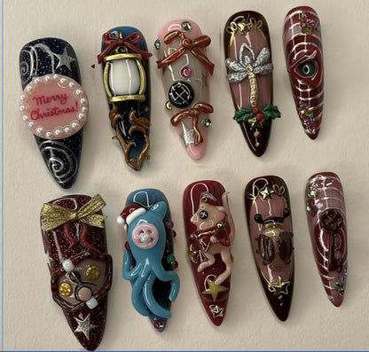 Coraline Inspired Christmas press-on Nails; Creepy Cute 3D Nails, Beldam Button Eye, Doll, Lantern, Handmade Nail Art, Gift for Her.