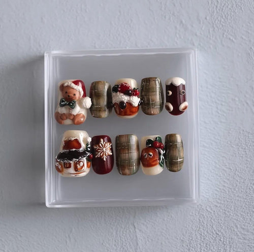 Cozy Christmas press-on Nails; 3D Teddy Bear, Gingerbread and Plaid Winter Nail Set.