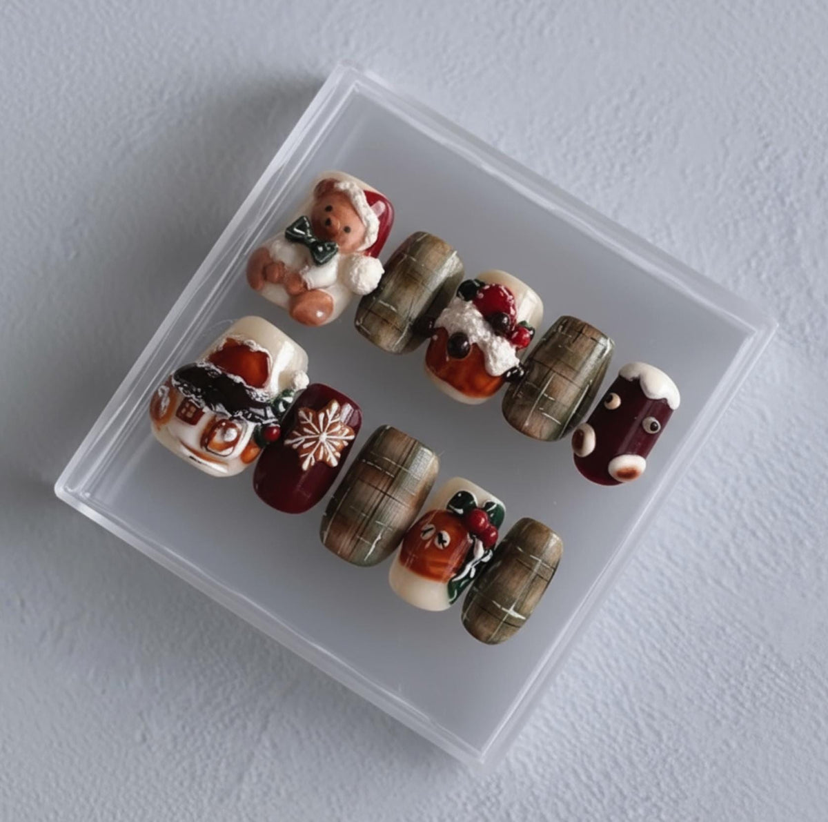 Cozy Christmas press-on Nails; 3D Teddy Bear, Gingerbread and Plaid Winter Nail Set.