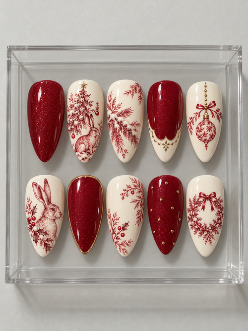 AI design mockup: Ten cranberry and ivory Christmas press-on nails with red toile-style hares, decorated tree, winter branches, bauble and wreath.