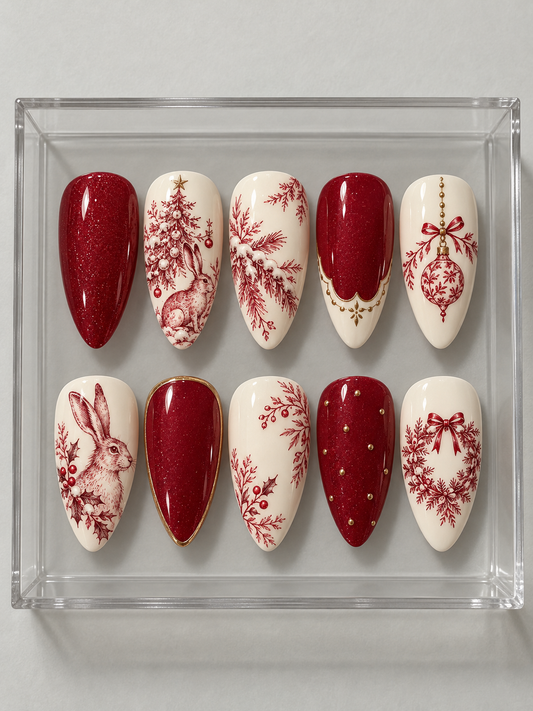 AI design mockup: Ten cranberry and ivory Christmas press-on nails with red toile-style hares, decorated tree, winter branches, bauble and wreath.