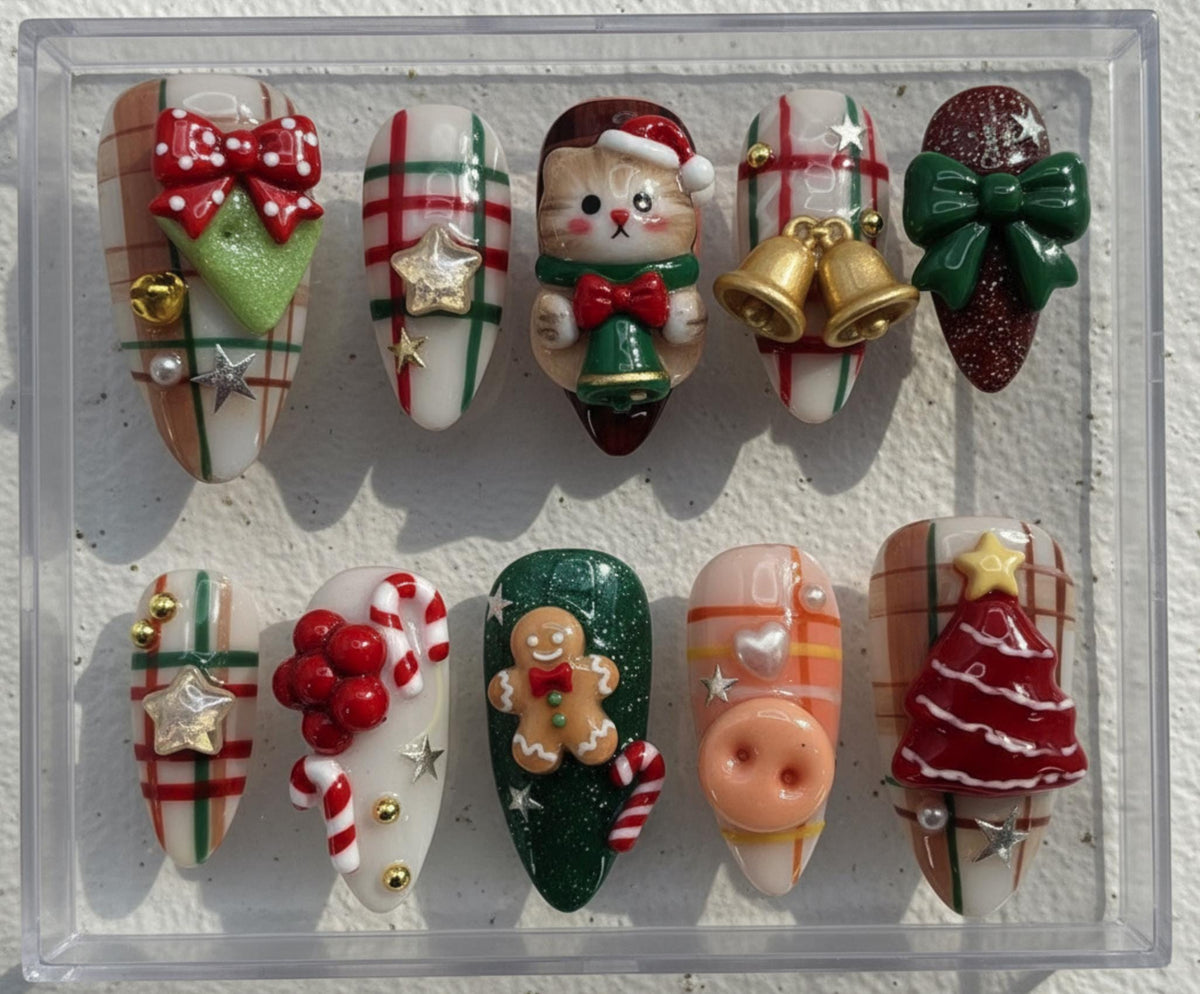 Cute Christmas press-on Nails; 3D Cat Santa, Gingerbread, Candy Cane, Plaid Holiday Nails, Handmade Fake Nails, Gift for Her.