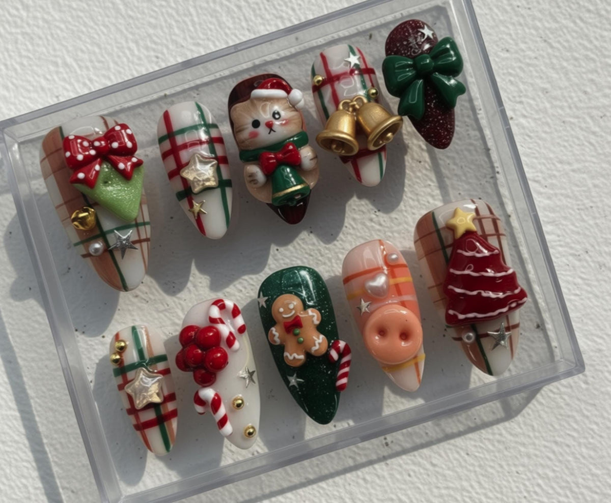 Cute Christmas press-on Nails; 3D Cat Santa, Gingerbread, Candy Cane, Plaid Holiday Nails, Handmade Fake Nails, Gift for Her.