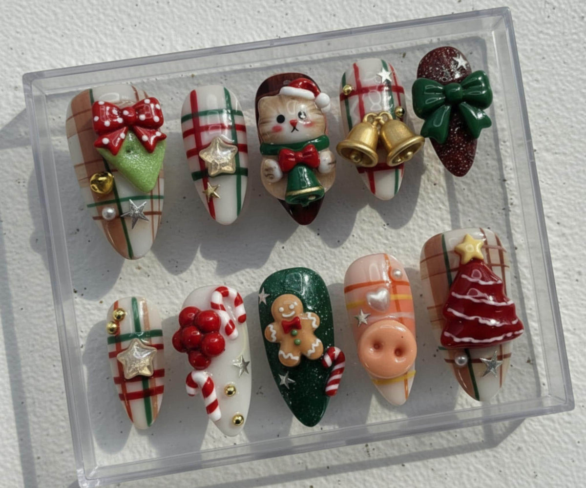 Cute Christmas press-on Nails; 3D Cat Santa, Gingerbread, Candy Cane, Plaid Holiday Nails, Handmade Fake Nails, Gift for Her.