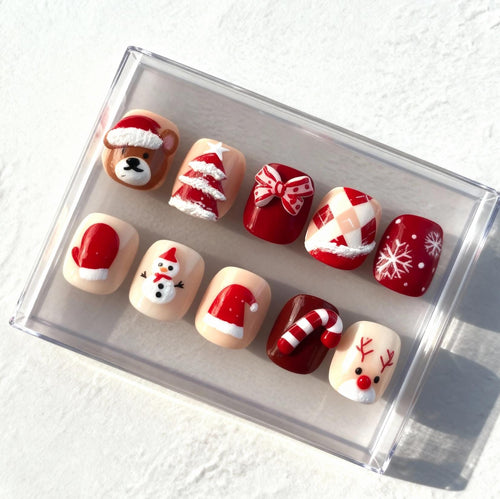 Cute Christmas press-on Nails; Red and Cream Holiday Nail Set with 3D Santa, Reindeer, and Snowman.