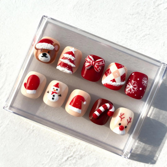 Cute Christmas press-on Nails; Red and Cream Holiday Nail Set with 3D Santa, Reindeer, and Snowman.