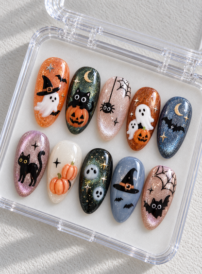 Cute Halloween press-on Nails, 3D Ghost Pumpkin Black Cat Nails, Spooky Cat Eye Nails, Handmade Fall Nail Art.