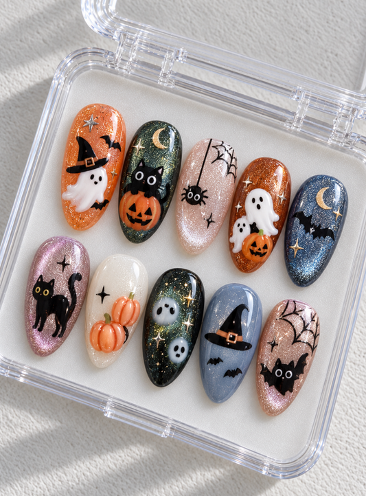 Cute Halloween press-on Nails, 3D Ghost Pumpkin Black Cat Nails, Spooky Cat Eye Nails, Handmade Fall Nail Art.