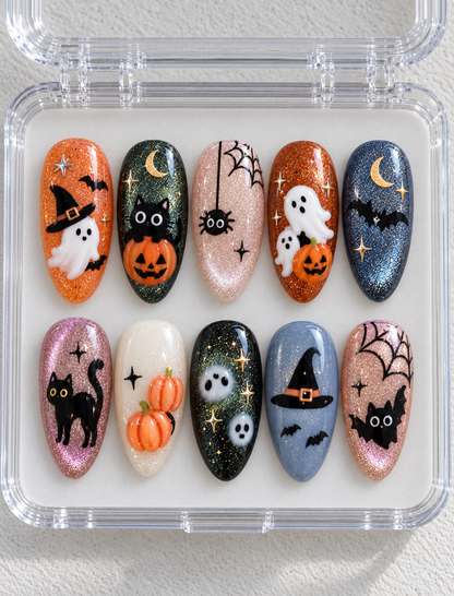 Cute Halloween press-on Nails, 3D Ghost Pumpkin Black Cat Nails, Spooky Cat Eye Nails, Handmade Fall Nail Art.