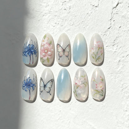Demon Slayer Inspired press-on Nails; Floral Butterfly Anime Nail Art.