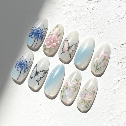 Demon Slayer Inspired press-on Nails; Floral Butterfly Anime Nail Art.